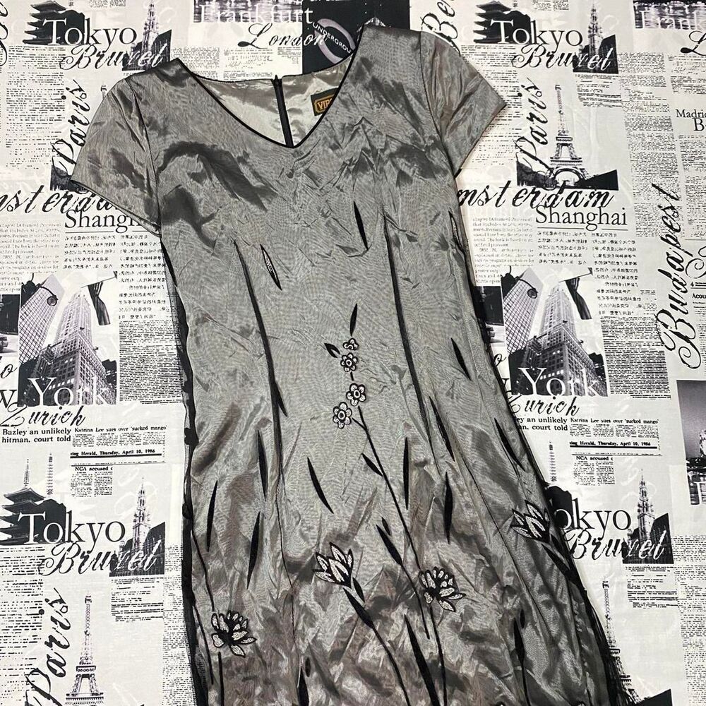 Virgo II Grey black mesh floral embroidery formal prom dress vintage 80s goth